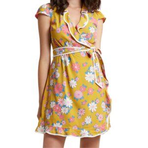 ModCloth mustard yellow floral crepe wrap dress vintage 1960's 1X